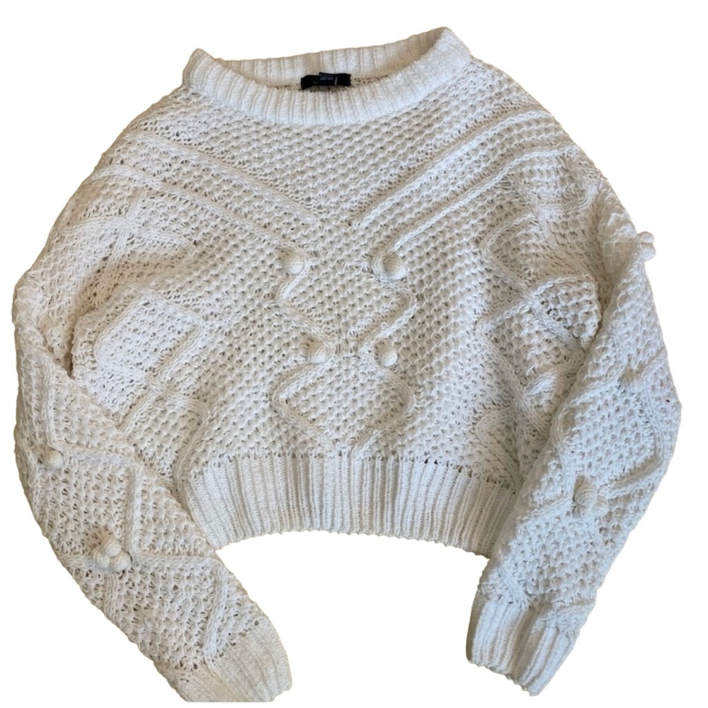 White Cropped Pom Pom Sweater - Urban Heritage - Size Small